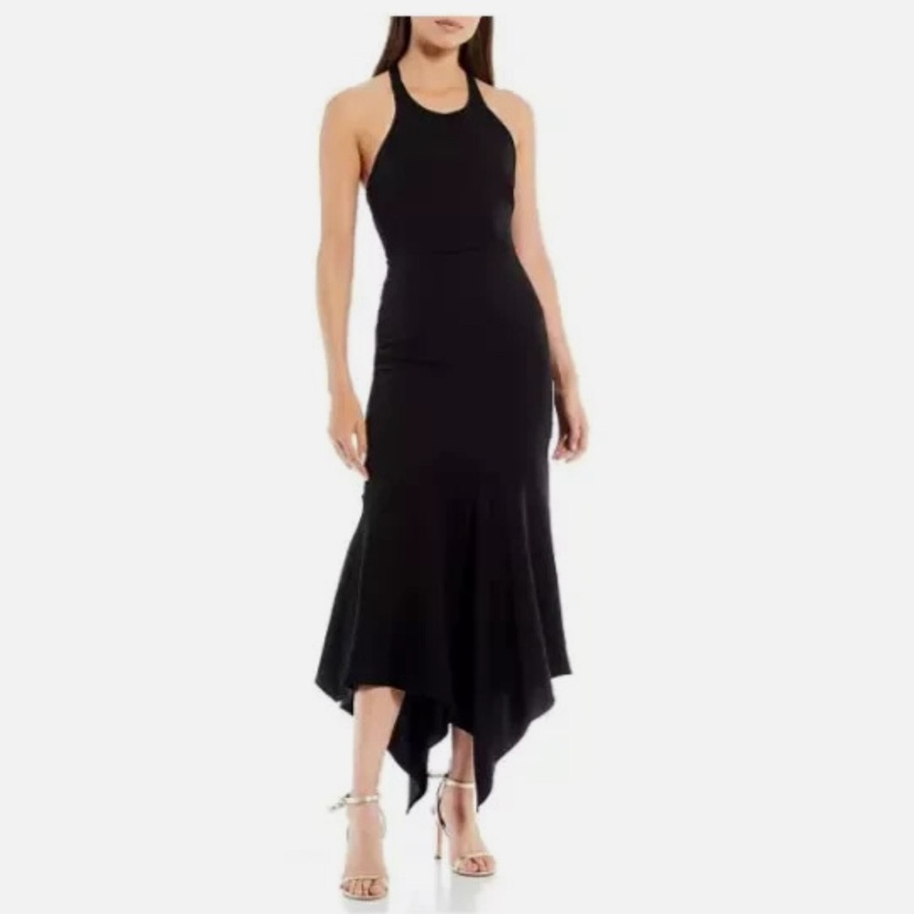 Badgley Mischka Elynne Asymmetrical Hem Halter Neck Bow Tie Back Gown 12